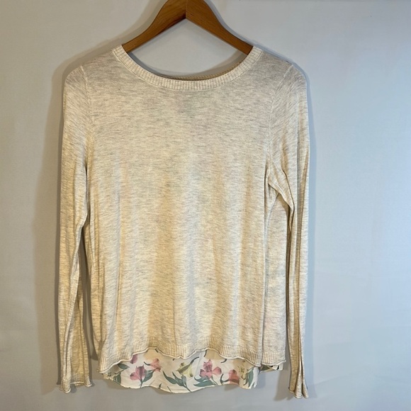Merona Womens  Sweater Size SP Knit Long Sleeve Flower Fabric Layered Back Tan - Picture 9 of 15